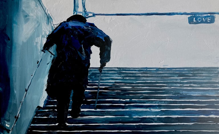 A painting of an elderly man walking up the stairs